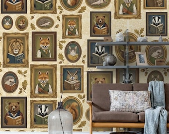 Papier peint vintage de la galerie de portraits d'animaux | murale d'art créatures des bois | Décoration murale fantaisiste d'animaux de la forêt pour chambre d'enfant