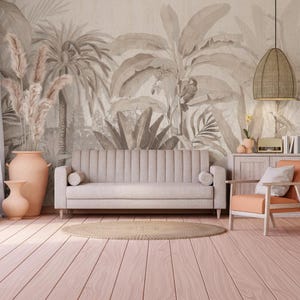 May include: A living room with a tropical mural, a beige sofa, and an orange armchair. A woven pendant light hangs above a round rug. The room includes a wooden cabinet, decorative vases, and plants. The floor is made of pink wooden planks. The overall style is modern and inviting.