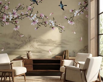 Papel pintado Magnolia Blossom, arte mural de pájaros y flores de estilo japonés, paisaje botánico vintage, elegante decoración de pared de inspiración asiática.