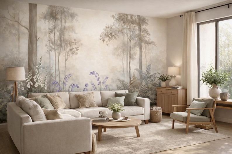 Beige Tones Forest Design Wallpaper | Soft Woodland Botanical Peel and ...