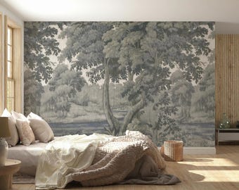 Tapeta w stylu kreskówkowym z motywem leśnym | Monochromatyczna, leśna sceneria | Neutralny mural z naturalnym krajobrazem | Rustykalny, wyrazisty wystrój sypialni