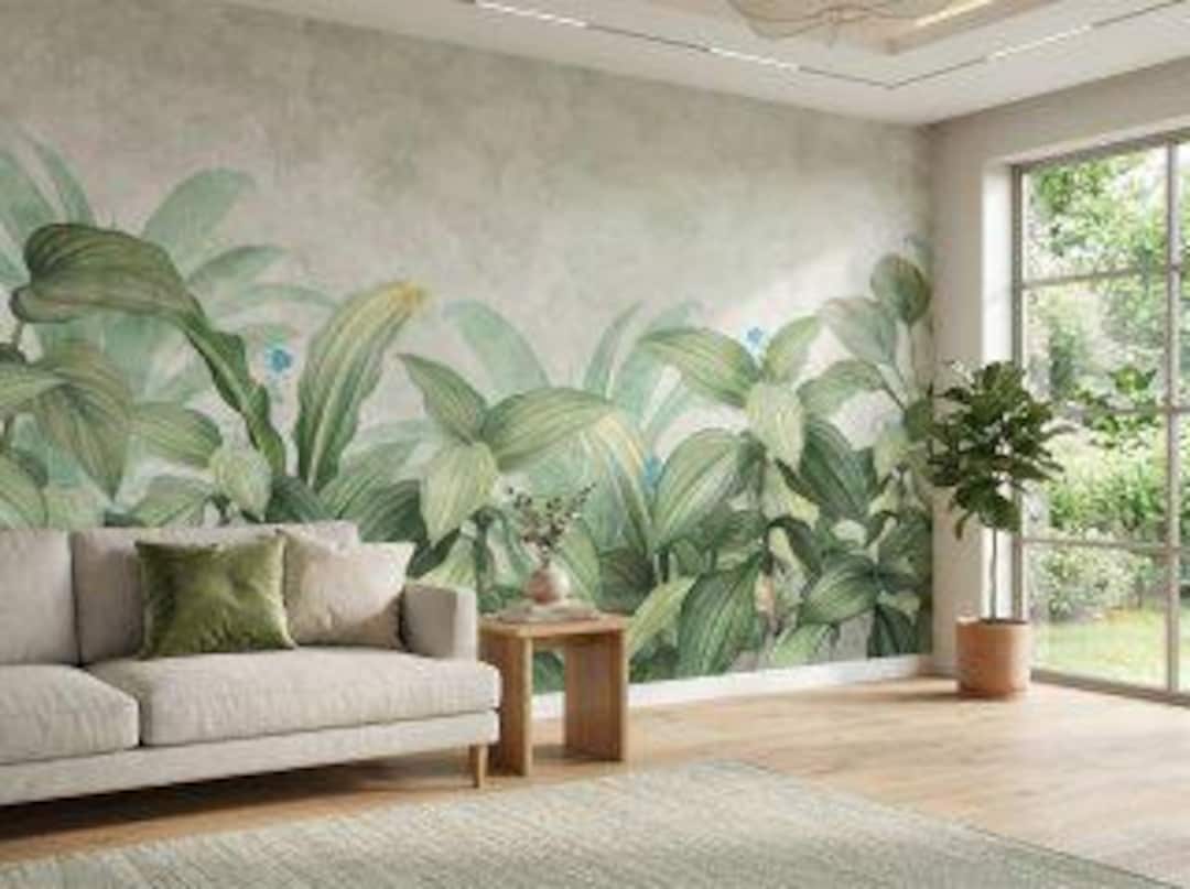 Tropical Botanical Wallpaper Mural, Green Leaf Wall Decor, Watercolor ...