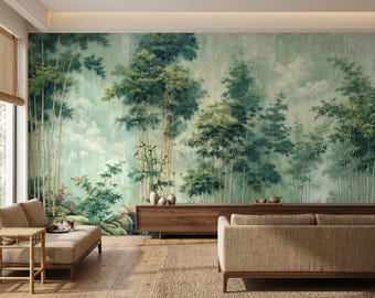 Fototapeta z motywem mglistego lasu bambusowego, dekoracja ścienna z azjatyckim krajobrazem zen, tapeta botaniczna w stylu chinoiserie do salonu
