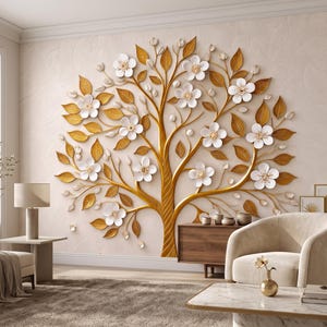 May include: A large three-dimensional wall art piece featuring a stylized tree with a golden trunk and branches. The tree is adorned with numerous white five-petaled flowers and textured golden leaves, creating a relief effect on the wall.
