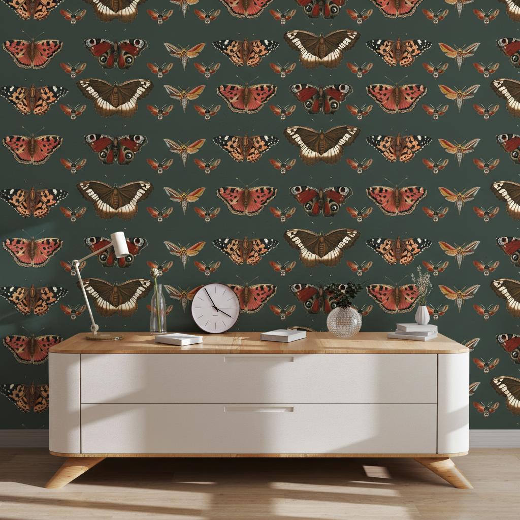 Vintage Butterfly & Moth Wallpaper, Dark Green Botanical Wall Mural ...