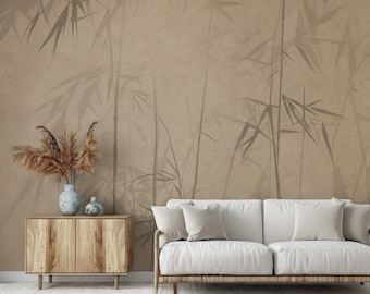 Neutralna tapeta z bambusem | Minimalistyczna azjatycka sztuka ścienna | Teksturowana dekoracja ścienna z botanicznym akcentem w stylu japońskim do salonu