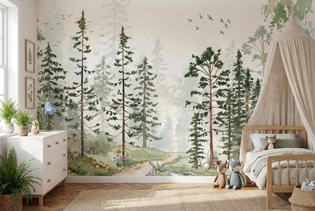 Woodland Forest Nursery Wallpaper | Watercolor Pine Trees Kids Room ...