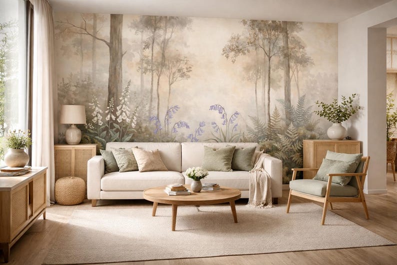 Beige Tones Forest Design Wallpaper | Soft Woodland Botanical Peel and ...