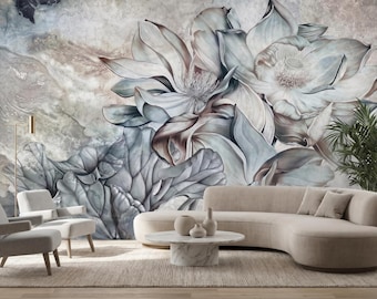 Marmurowa tekstura, samoprzylepna tapeta ścienna z motywem kwiatowym, luksusowy mural kwiatowy, neutralna beżowo-szara tapeta z motywem botanicznym, nowoczesny wystrój salonu