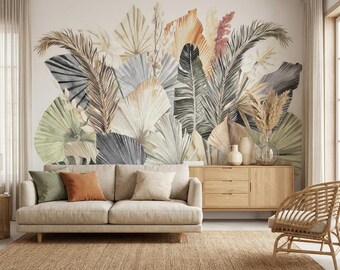 Boho Tropical Wallpaper Mural, Neutral Palm Leaves Wall Art, Beige Green Botanical Wallpaper, Modern Living Room Decor, Peel and Stick