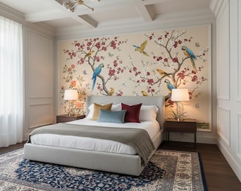adhésifs muraux colorés perroquets et fleurs | Chinoiserie Oiseau Papier peint |  Décoration botanique de luxe pour l'intérieur de la maison