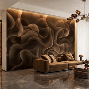 May include: A large wall mural featuring abstract flowing brown and black waves with soft backlighting. The design creates a sense of depth and movement across the wall surface, complemented by a brown sofa and a glass coffee table in front.