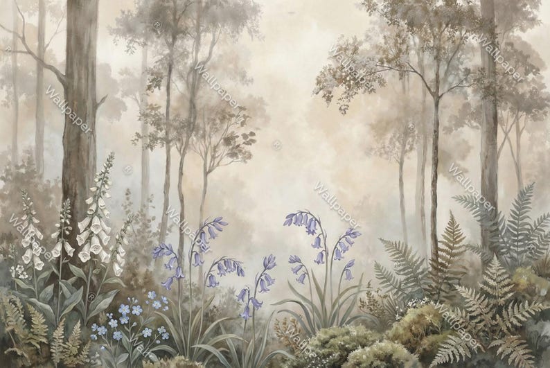 Beige Tones Forest Design Wallpaper | Soft Woodland Botanical Peel and ...