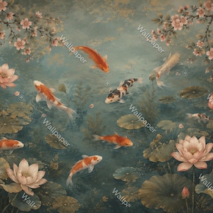 Elegant Japanese botanical wallpaper featuring koi fish swimming through lotus ponds beneath cherry blossoms. Custom peel and stick wall mural for luxury bedrooms, living rooms and sophisticated Asian-inspired interiors.