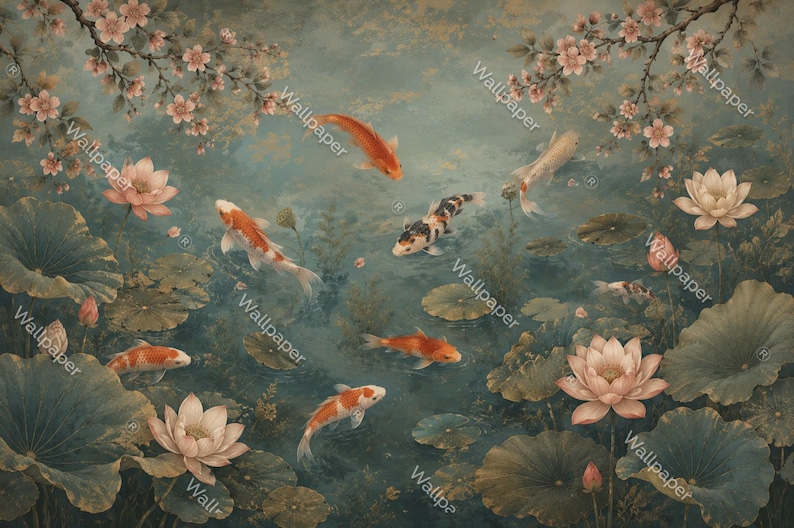 Elegant Japanese botanical wallpaper featuring koi fish swimming through lotus ponds beneath cherry blossoms. Custom peel and stick wall mural for luxury bedrooms, living rooms and sophisticated Asian-inspired interiors.