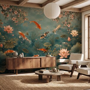 Oriental pond wall mural showcasing graceful koi fish, lotus blossoms and botanical details in rich blue and gold tones. Removable wallpaper designed for elegant living rooms and meditation spaces.
