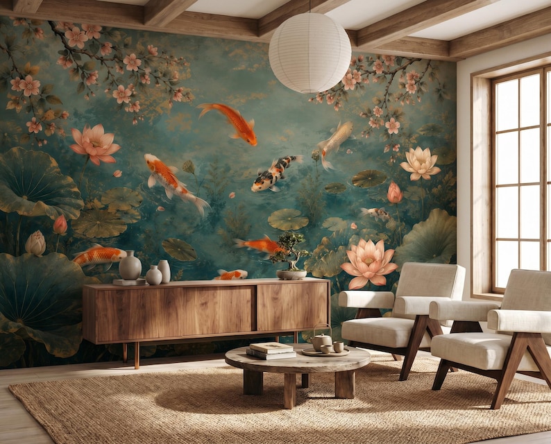 Oriental pond wall mural showcasing graceful koi fish, lotus blossoms and botanical details in rich blue and gold tones. Removable wallpaper designed for elegant living rooms and meditation spaces.