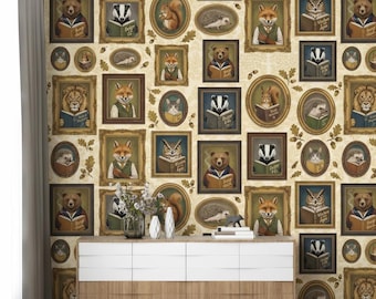 Tapeta z galerią portretów zwierząt w neutralnych tonacjach | Fantazyjna dekoracja ścienna z leśnymi zwierzętami do pokoju dziecięcego | Mural artystyczny z leśnymi stworzeniami