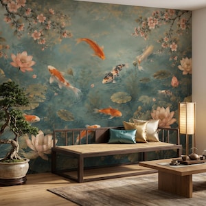 Luxury Asian wallpaper with colorful koi fish, blooming lotus flowers and serene water scenery. Custom wall mural perfect for Japandi, oriental and contemporary home decor.