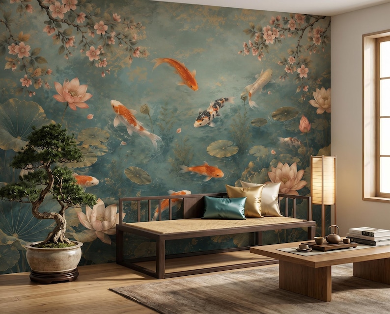 Luxury Asian wallpaper with colorful koi fish, blooming lotus flowers and serene water scenery. Custom wall mural perfect for Japandi, oriental and contemporary home decor.