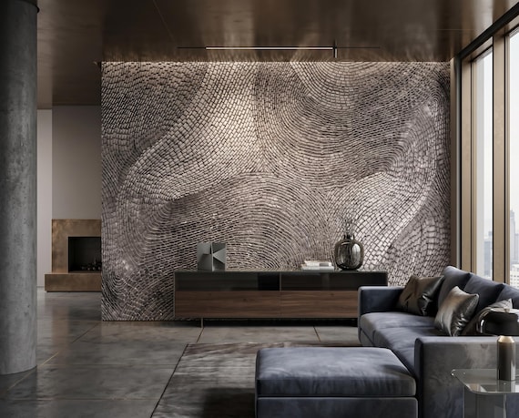 3D Look Metallic Textured Wall Mural, Abstract Wood Pattern Wallpaper, Luxury Gray Wall Art, Modern Living Room Decor, Peel and Stick Wall