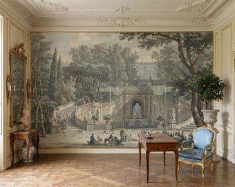 Fototapeta w stylu vintage z europejskim ogrodem, dekoracja ścienna z krajobrazem francuskiego pałacu, klasyczna malownicza tapeta barokowa