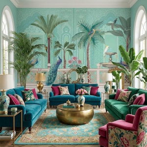 May include: A luxurious living room with teal sofas, a green sofa, and a pink armchair. The room features a large rug, a gold coffee table, and a wall mural with palm trees and peacocks. Decorative lamps and vases add to the elegant decor.