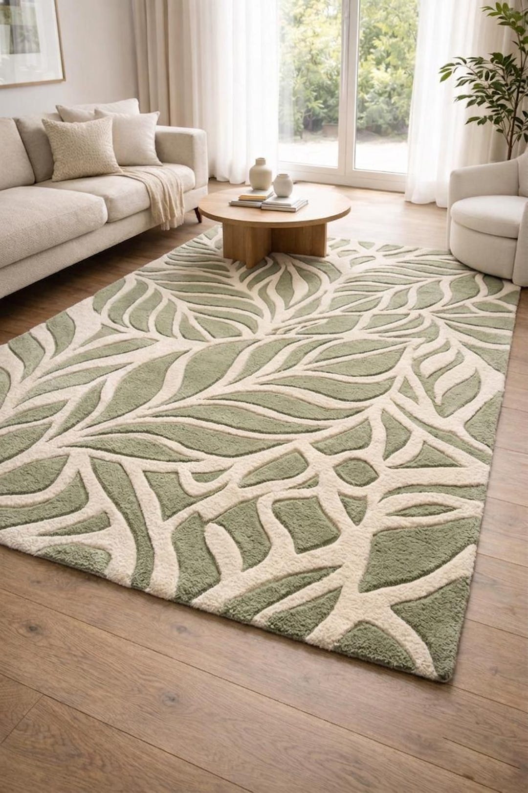 Sage Green Leaf Rug, Large Botanical Area Rug, Green and Cream Wool Rug ...