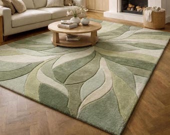 Abstract Rug, Wavy Pattern Rug, Sage Green Wool Rug, Hand Tufted Area Rug, Modern Sculpted Texture, Large Organic Living Room Carpet 8x10