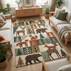 May include: A rectangular area rug with a forest theme. The rug features a repeating pattern of trees, deer, foxes, and bears in shades of brown, green, and orange against a cream background. The rug is placed in a living room setting.