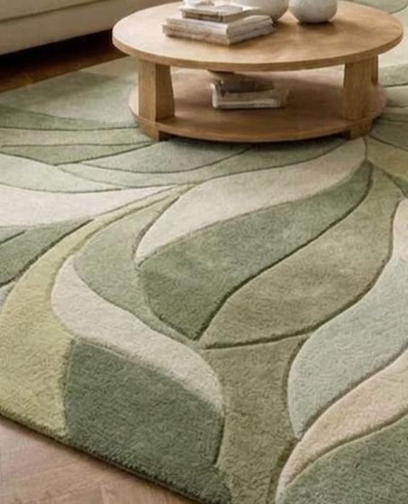Abstract Leaf Pattern Area Rug Abstract Rug, Wavy Pattern Rug, Sage Green Wool Rug, Hand Tufted Area ...