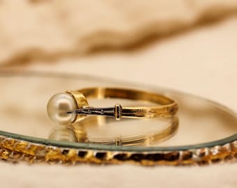 Solitärring i gult guld och pärla - Belle Époke-stil