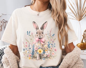 Camiseta de conejito de Pascua floral, linda camiseta de conejo de primavera, camiseta de conejito estilo cottagecore vintage, camiseta estampada de conejito floral de Pascua