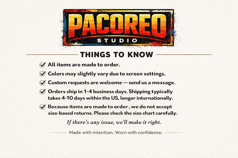 May include: A graphic with the text "PACOREO STUDIO" in a distressed, colourful design. Below, "THINGS TO KNOW" introduces details about the products, including custom requests and made-to-order items.
