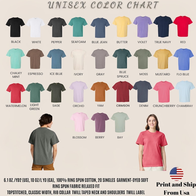 May include: A colour chart of unisex t-shirts in a variety of shades, such as black, white, and red. The chart displays the different colours available, with the names of the colours listed below each shirt. The shirts are made of 100% ring spun cotton.