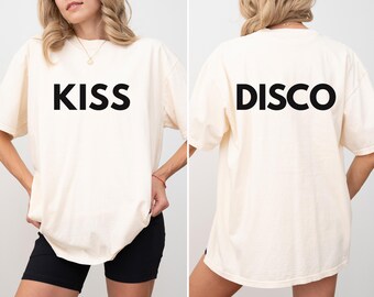 Camiseta Disco Kiss (delantera y trasera), camiseta minimalista con mensaje, divertida camiseta de fiesta, estética disco, camiseta de concierto