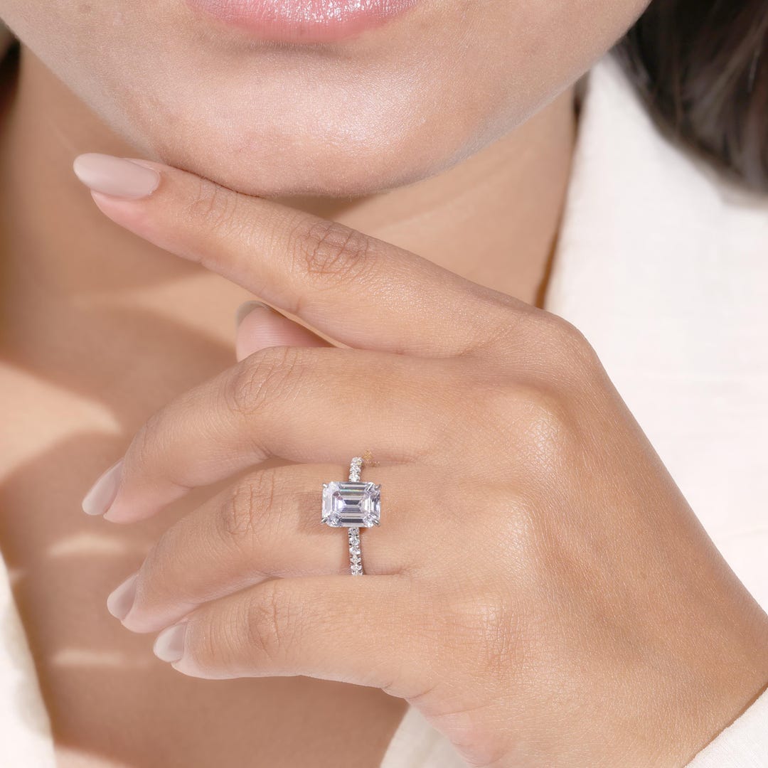 Emerald Cut Lab Grown Diamond Engagement Ring, Hidden Halo Pave Band ...