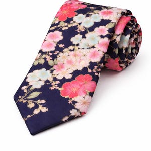 Navy Blue Japanese Sakura Tie – Japanese Flower Tie – Japanese Cherry Blossom Tie – Floral Women's Necktie