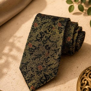 Grön slips med japanskt mönster, unisex – herr- och damslips – grön guldfärgad slips – elegant unisexslips – bröllopsslips – gåva