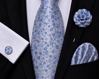 Light Blue Floral Necktie Set, Men's Tie with Pocket Square, Lapel Flower & Cufflinks, Elegant Wedding Outfit, Groom Gift