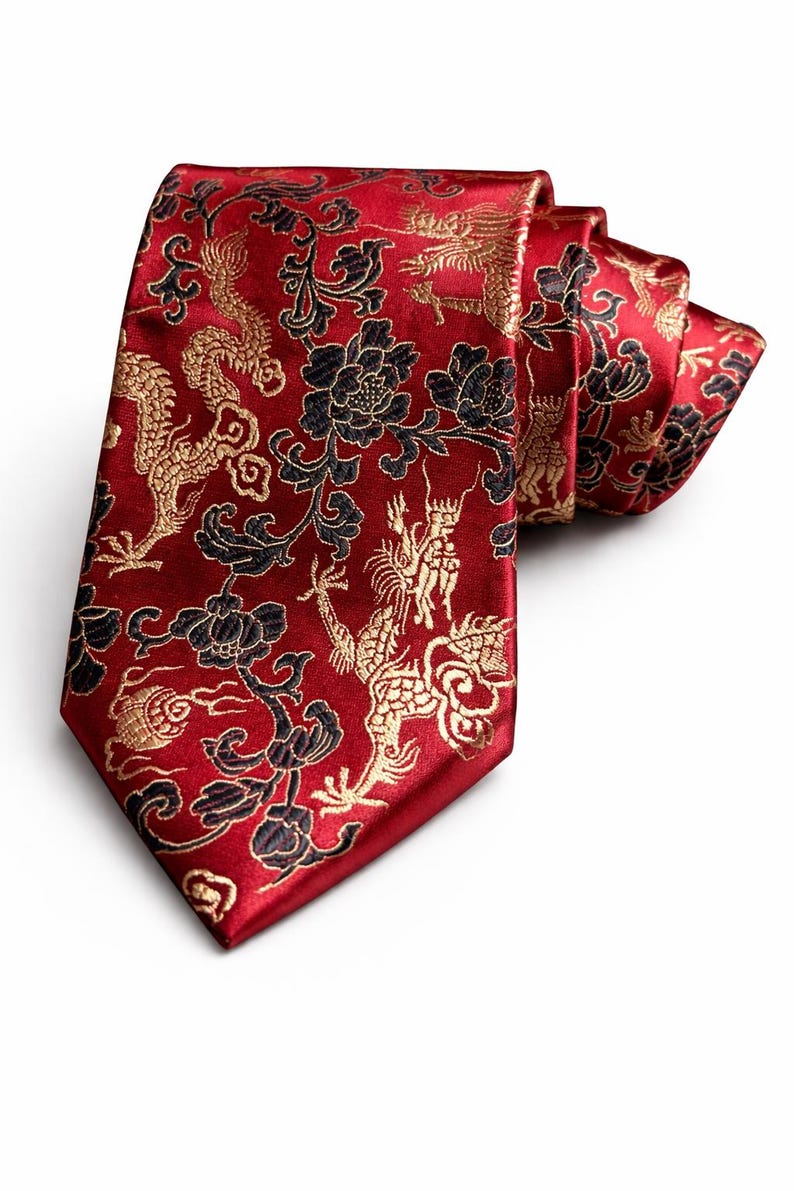 Gravata com estampa de dragão vermelho | Gravata de luxo para homens e mulheres | Gravata chique para casamento | Acessório vintage elegante imagem 3