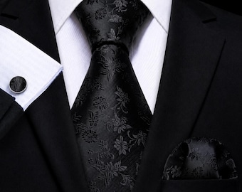 Men’s All Black Floral Tie Set with Pocket Square Cufflinks – Elegant Luxury Style