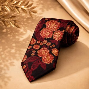 Cravate Florale Noir Rouge – Cravate Luxe  – Black Red Floral Tie – Elegant Wedding Tie