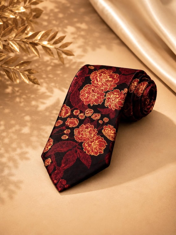 Cravate Florale Noir Rouge – Cravate Luxe  – Black Red Floral Tie – Elegant Wedding Tie