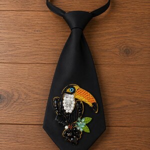 Black Beaded Toucan Necktie – Tropical Bird Statement Tie with Pearls and Crystals – Unique Fashion Accessory