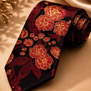 Black and Red Floral Tie – Luxury Tie – Elegant Wedding Tie image 3