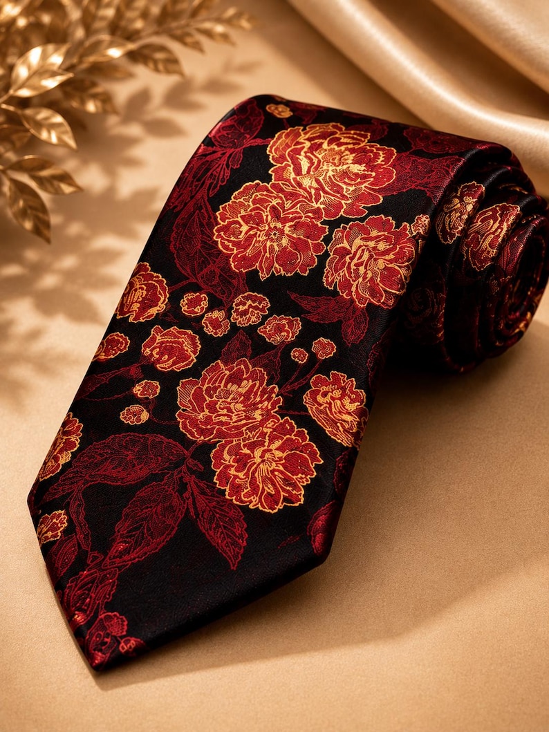 Black and Red Floral Tie – Luxury Tie – Elegant Wedding Tie image 3