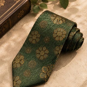 Può includere: Cravatta verde arrotolata con un motivo floreale nei toni dell'oro e dell'oliva. La cravatta è realizzata in tessuto strutturato e poggia su una superficie neutra. Un libro vintage è visibile sullo sfondo.