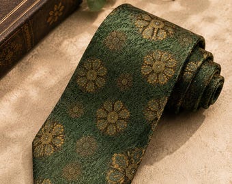 Elegant green floral tie – Vintage men's and women's tie – Gold floral wedding tie – Beige and gold floral tie – Necktie