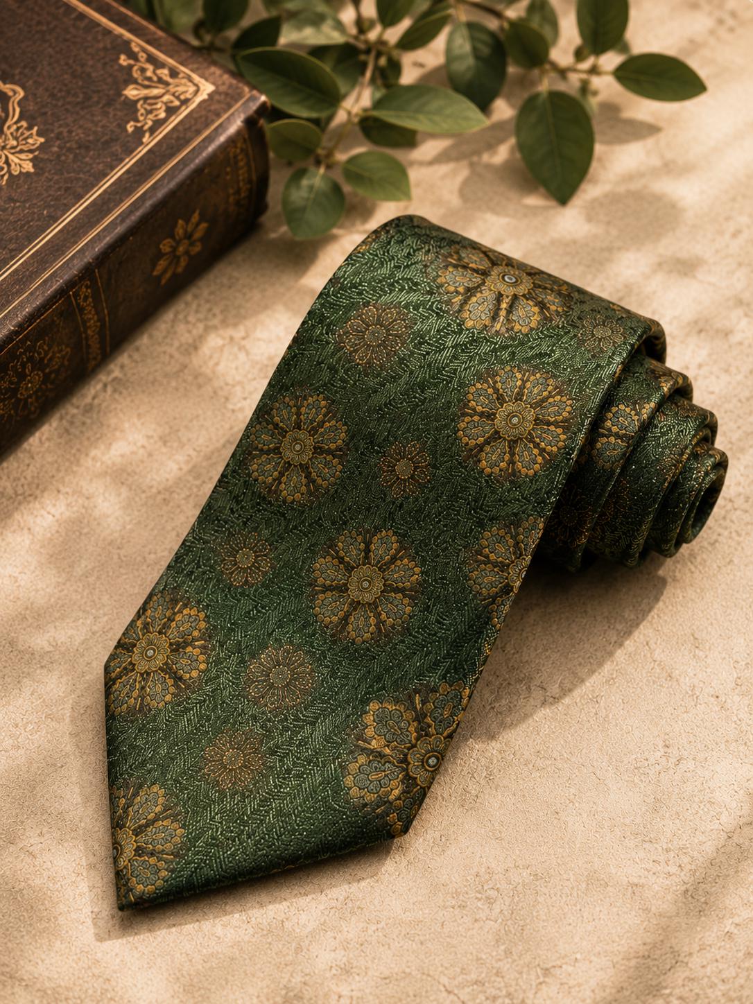 Elegant green floral tie - Vintage men's and women's tie - Gold floral wedding tie - Beige and gold floral tie - Necktie